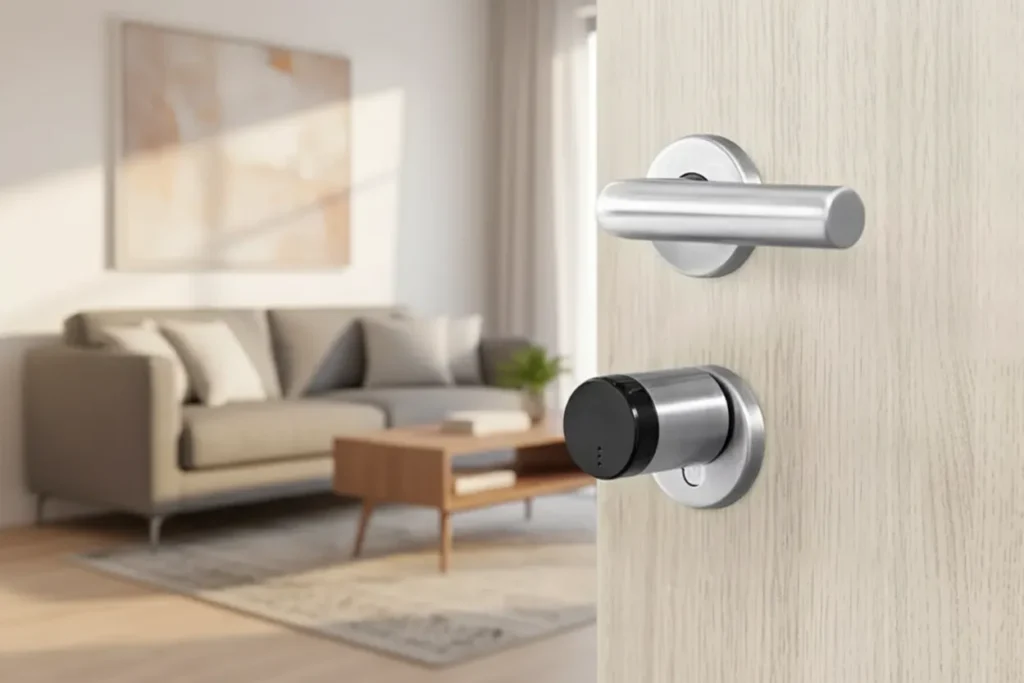 Puerta con lector electrónico y cilindro mecánico