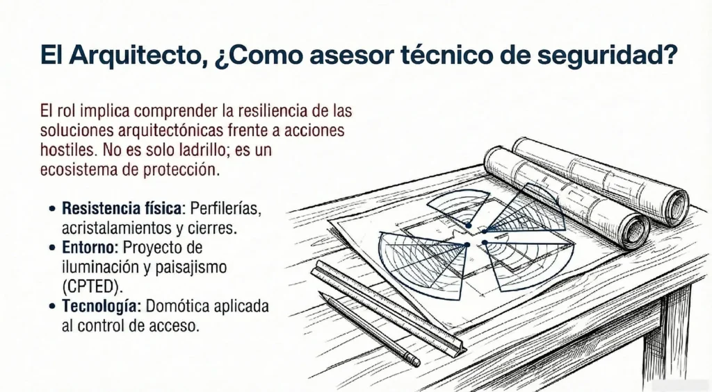 Arquitecto integrando seguridad por diseño en el proyecto de una vivienda residencial