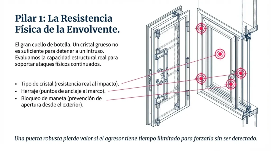 Puerta mostrando diversos elementos de resistencia física.
