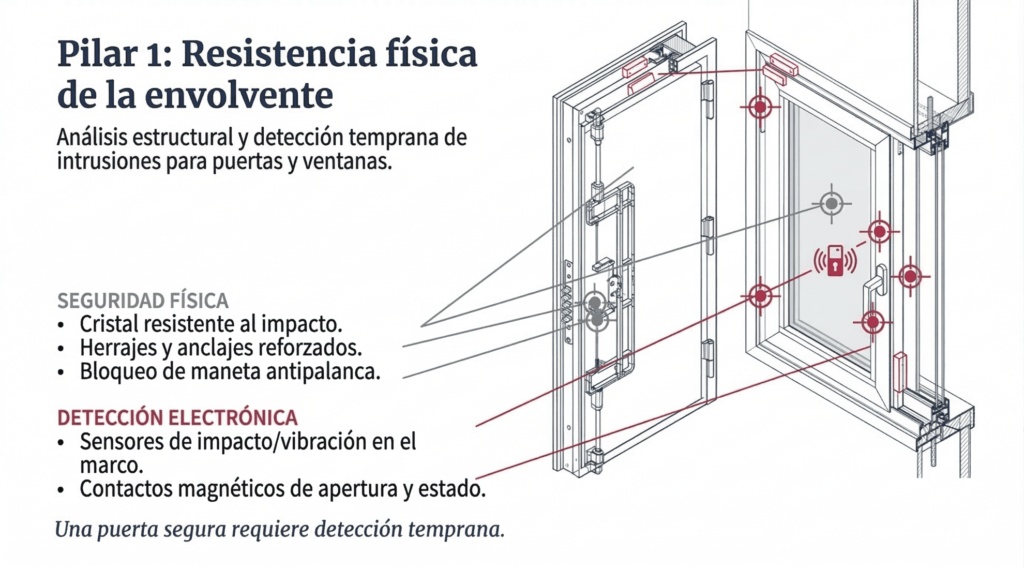 Puerta mostrando diversos elementos de resistencia física y electrónica.